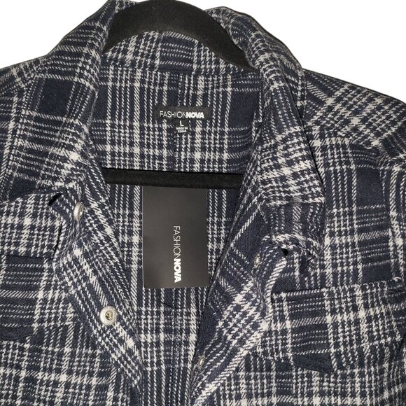 FASHION NOVA | NEW Navy Blue Plaid Front Pockets Cropped Jacket - Picture 5 of 14